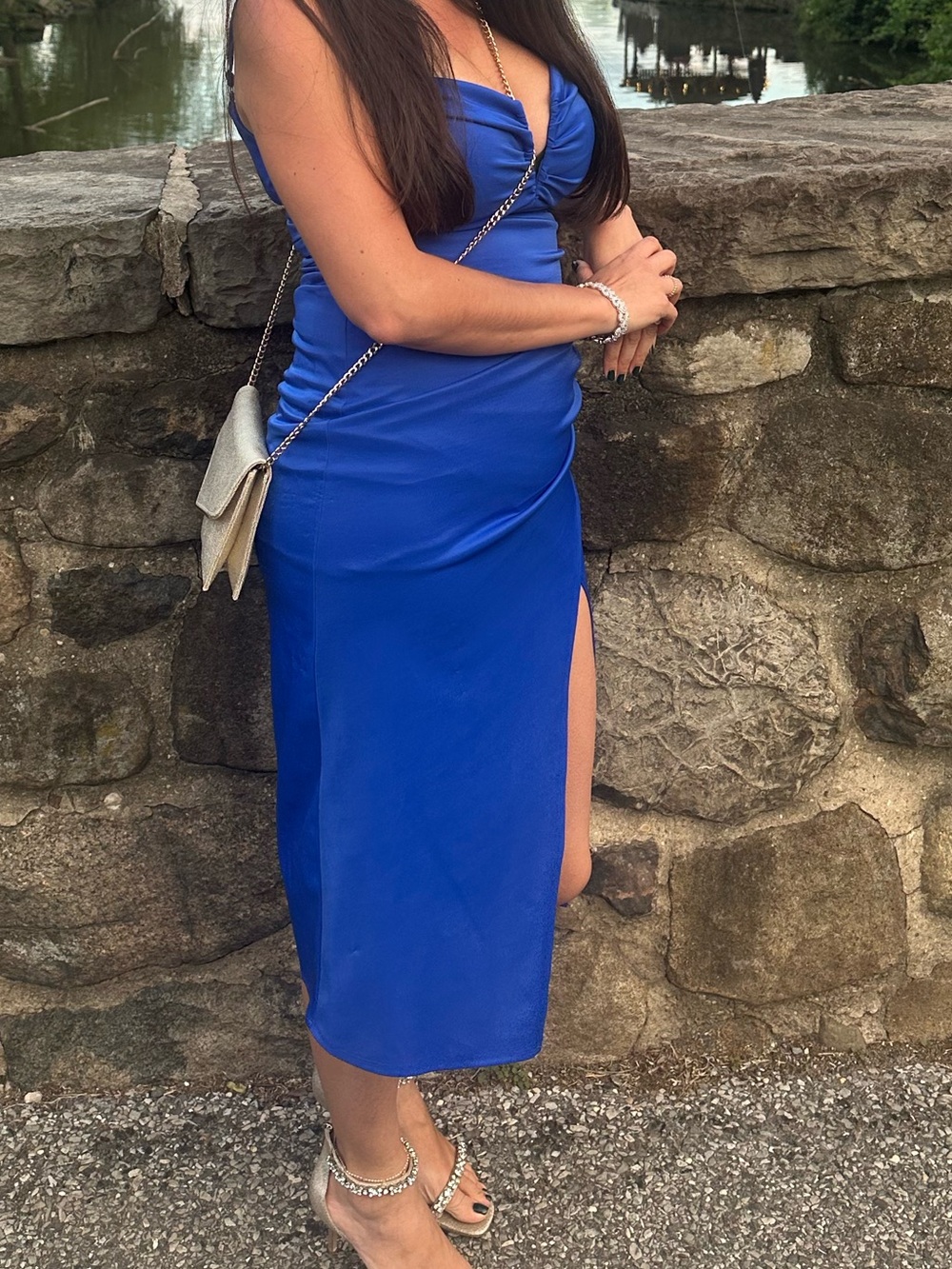 B Darlin Royal Blue Spaghetti Strap Midi Dress side slit